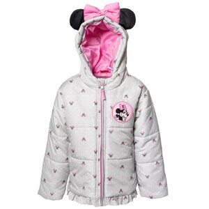 Disney Junior Minnie Mouse Girls Puffer Jacket‎ Toddler 3T Gray Pink Bow & Ears